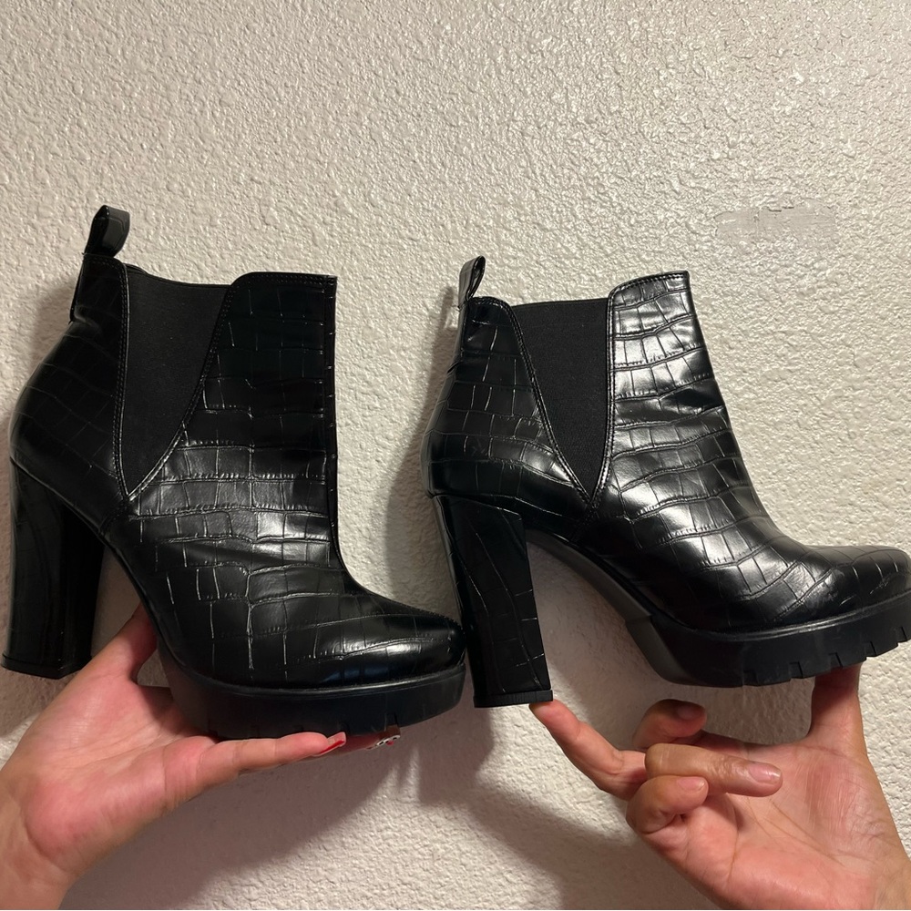 Black Croc-Embossed Ankle Boots